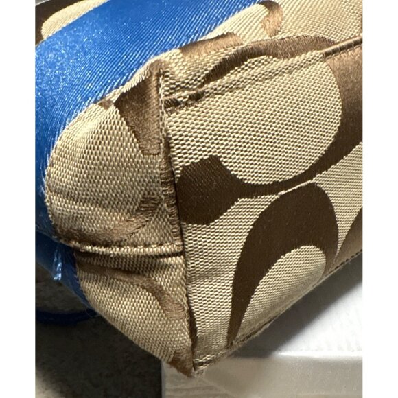 Coach Purse Khaki Signature Blue Stripe Top Zip Tote Shoulder Bag F19046 - Picture 7 of 16
